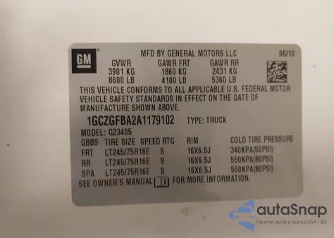 2010 Chevrolet Express 2500 Work Van z USA, uszkodzony, nr VIN 1GCZGFBA2A1179102